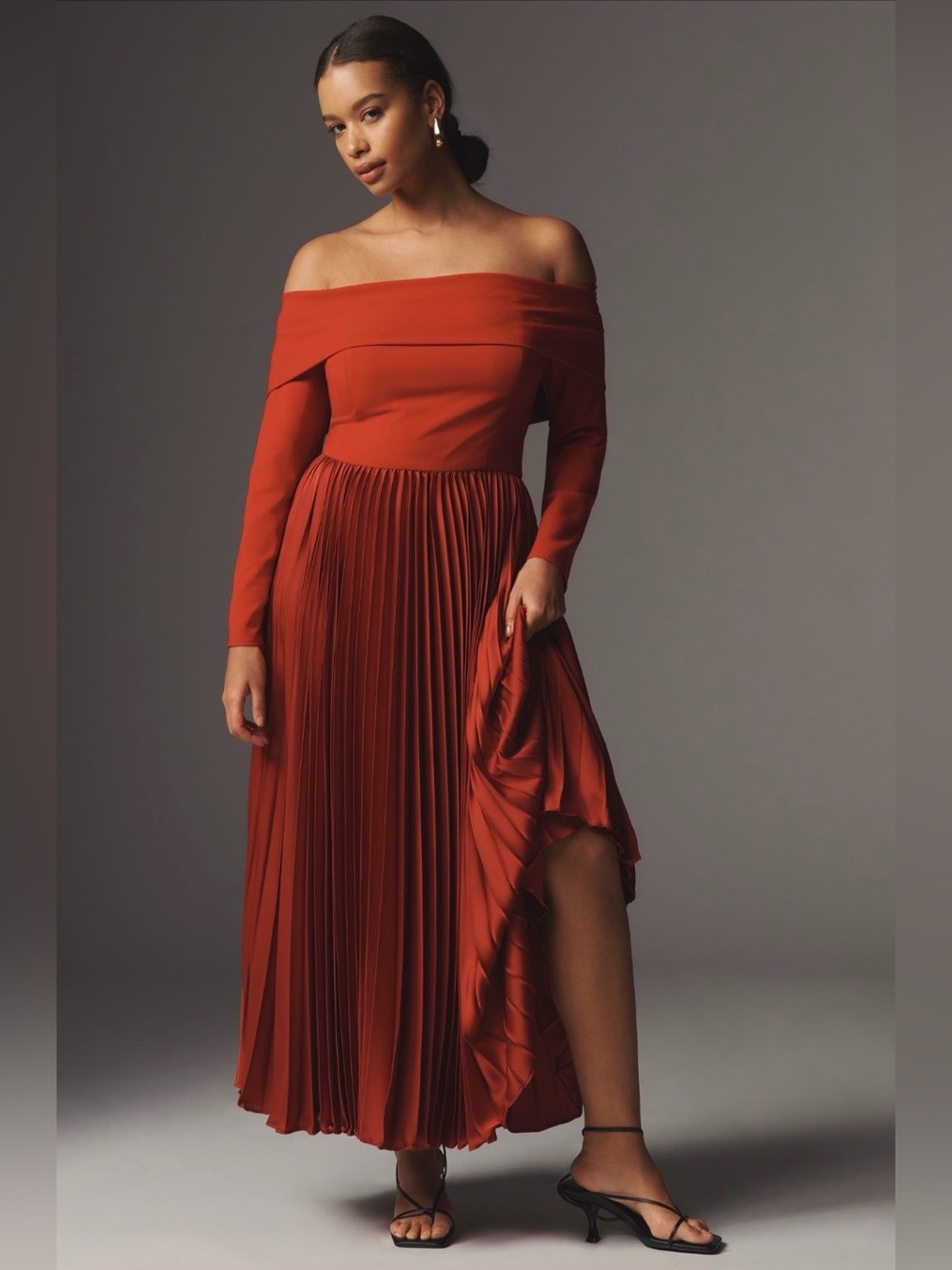 Hutch Long Sleeve Off-The-Shoulder Pleated Maxi Dress Red Anthropologie 22 NEW